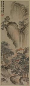 明 张宁 虚亭飞瀑图 水墨山水 30x83.4cm 绢本 1:1高清国画复制品