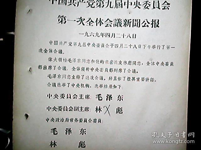 **资料：中国共产党第九届中央委员会第一次全体会议新闻公报