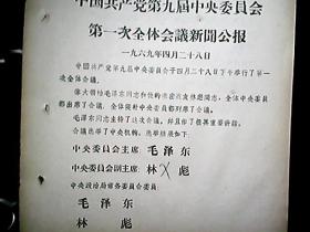 **资料：中国共产党第九届中央委员会第一次全体会议新闻公报