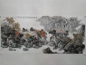 保真书画，著名山水画名家吕建文国画精品《翠微秋韵图》一幅，附带作者画集和信一页。当代百杰画家，“吕家山水”创始人。