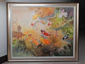 吴文健 鱼 作品 可合影，《九鱼图荷塘情》80✘100CM，现作，带外框