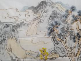 保真书画，河南名家，周口市美协副主席段建华四尺整纸山水画《云飞水流》一幅，附带作者画册等资料。