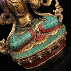 尼泊尔收 老铜镶嵌宝石彩绘密宗文殊菩萨一尊 重1780克 高23厘米 宽17厘米