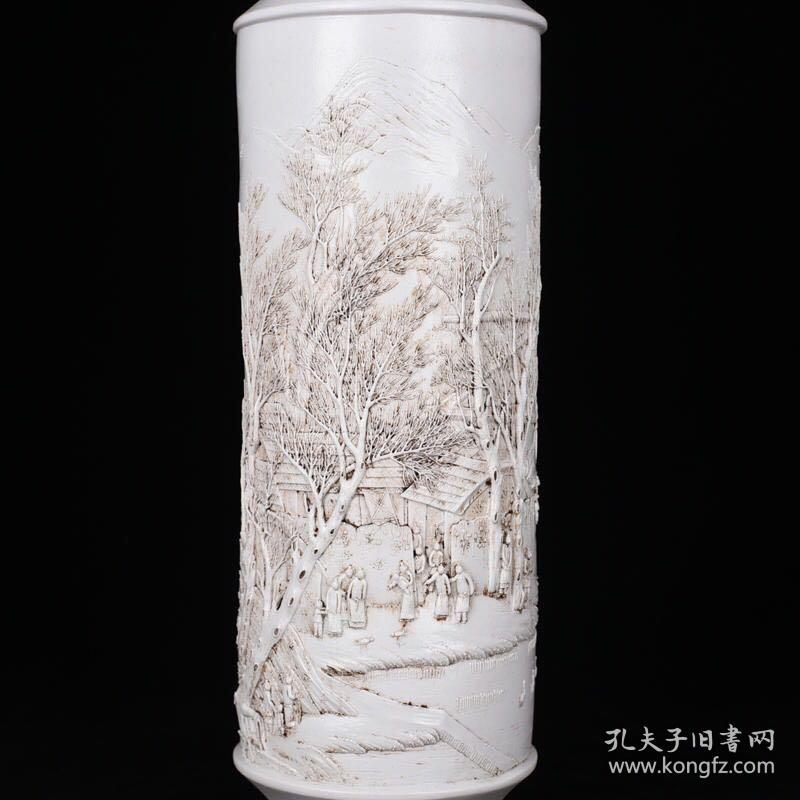 清御窑珍品王炳荣雕刻人物山水筒瓶 古玩190824花瓶古董古瓷器    藏品规格；厘米38*11