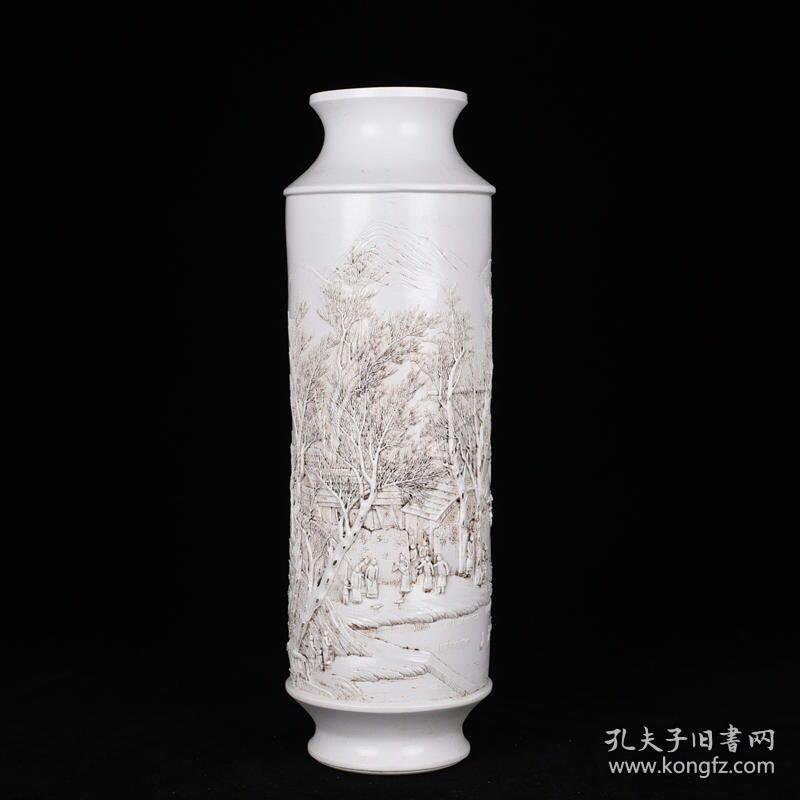 清御窑珍品王炳荣雕刻人物山水筒瓶 古玩190824花瓶古董古瓷器    藏品规格；厘米38*11