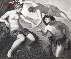 1870年版欧洲艺术杰作系列钢版画《阿里阿德涅和酒神巴克斯》—意大利威尼斯画派“丁托列托﹝Tintoretto，1518-1594﹞”作品 版画家：G.GOLDBERG 雕刻 34x26cm
