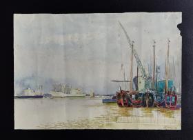 名家水彩画：《渔港新貌》钱大昕1978年作品，附赠钱大昕照片及证件等