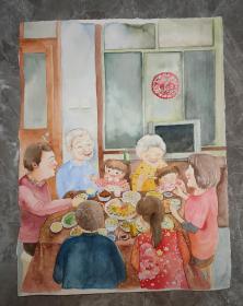 保真书画：水粉画 春节合家欢