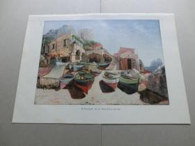 【百元包邮】《卡普里岛》（An der Marina Piccola auf Capri） 1900年 平版印刷画 41×28厘米（货号M004175）
