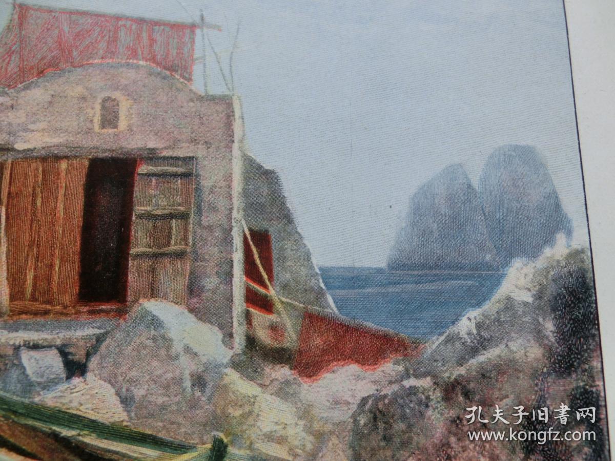 【百元包邮】《卡普里岛》（An der Marina Piccola auf Capri） 1900年 平版印刷画 41×28厘米（货号M004175）