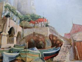 【百元包邮】《卡普里岛》（An der Marina Piccola auf Capri） 1900年 平版印刷画 41×28厘米（货号M004175）