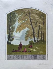 “瑞士艺术家”（ Otto Krebs（1870-1955））木刻套色藏书票 —《野外湖边嬉戏》签名