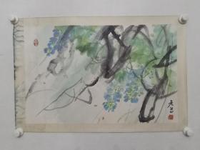 保真书画，曾良？（老曾）大写意绘画《紫藤》一幅，原装裱镜心，尺寸42×66cm。