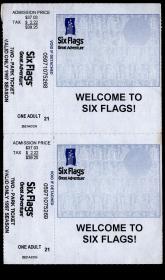 ［外国旅游门票/门券/参观券/游览券］［BG-D4］美国“世界三大主题乐园”之一六旗游乐园1997年门票2连/39.25美金，9.3X7.6厘米X2。