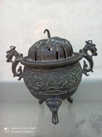古玩收藏  铜器  铜熏炉  尺寸长宽高：15/10.5/16厘米。