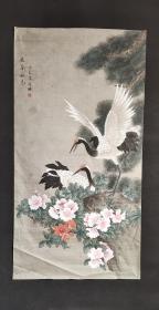 日本回流字画大幅手绘双鹤图绢片D2485