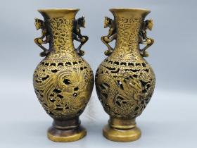 古玩铜器收藏，龙凤花瓶，龙凤呈祥，吉祥如意，器型厚重，形制端正！