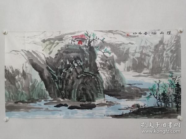 保真书画，中国美协会员，国家一级美术师杨帅《溪山烟云》山水画一幅，纸本托片，尺寸69×136.5cm