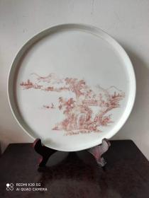胭脂红山水图瓷盘 赏盘