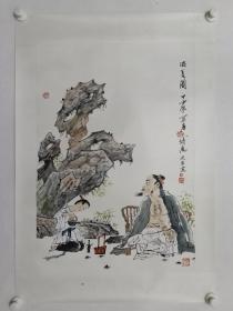 保真书画，洪岩，山东画家（山东淄博高青县文化馆馆长）《消夏图》人物画一幅，原装裱镜心，尺寸72×50cm