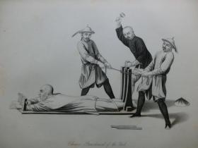 【百元包邮】《中国刑罚·夹脚刑》中国题材 钢版画  1859年 尺寸约27.8×21厘米 （货号T001325）