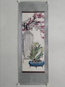 保真书画，天津美协会员陈宝生《梅花水仙图》国画一幅，原装裱镜心，尺寸80×30.5cm