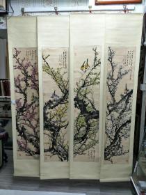 江苏著名花鸟画家黄治兰梅花四条幅，140X32X4，并送画一本。