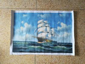 画工精美的手绘帆船纹旧油画