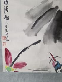 保真书画，北京老画家张明《荷塘清趣》花鸟画一幅，原装裱镜心，尺寸50.5×50.5cm