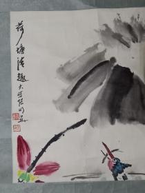 保真书画，北京老画家张明《荷塘清趣》花鸟画一幅，原装裱镜心，尺寸50.5×50.5cm