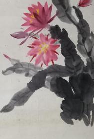 保真书画，北京油画名家葛修岱1979年《旱地荷花分外娇》花卉画一幅，原纸本托片，尺寸68×43cm
