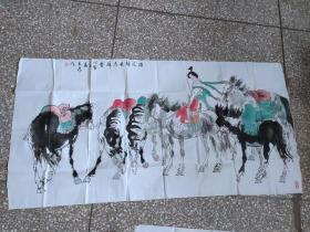 名家画作：刘大为 绘画作品4尺一整张，品好如图，踏花归去马蹄香，6匹马，有堂号印章