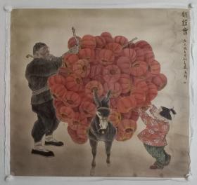 保真书画，画家吴东辉2000年创作的工笔人物画《赶灯会》一幅，纸本托片