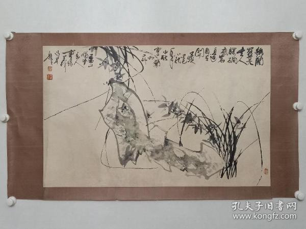 保真书画，北京名家曹环义1989年国画《兰石图》一幅，原装裱镜心，尺寸59.5×96cm