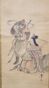民国以前日本名家（寿山）手绘绢本人物 骨质轴头