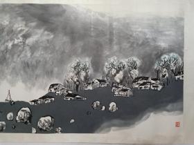 保真书画，著名画家程振国先生1988年四尺整纸山水画一幅，原装裱镜心！值得珍藏的名家作品。