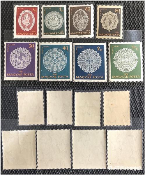 匈牙利1960年 海拉斯桃花艺术花纹8全 新有水印（1枚微黄品如图）