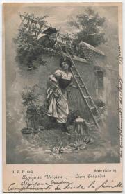早期 1900-20a  实寄明信片 爬墙的男子与园子里的女人 无票CARD-K270  DD