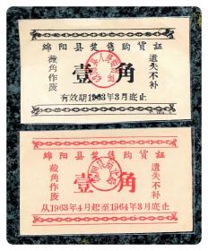 （四川）绵阳县奖售购货证1963.3止壹角、1963.4-1964.3壹角各1枚
