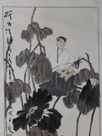 保真书画，昆戈人物画一幅《荷塘清韵图》，纸本镜心，尺寸66×44cm