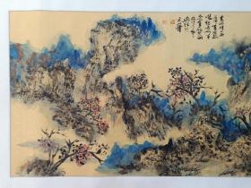 保真书画，吴维《重彩山水画》一幅，原装裱镜心，尺寸65×133cm。北京人文大学中国书画艺术学院副院长，中国画工作室导师，教授。