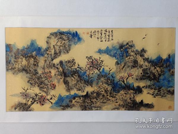 保真书画，吴维《重彩山水画》一幅，原装裱镜心，尺寸65×133cm。北京人文大学中国书画艺术学院副院长，中国画工作室导师，教授。