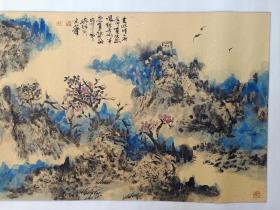 保真书画，吴维《重彩山水画》一幅，原装裱镜心，尺寸65×133cm。北京人文大学中国书画艺术学院副院长，中国画工作室导师，教授。