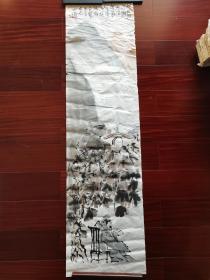 广东画家方瑞， 何俊华，朱光荣，张演钦，贾博鸿合画国画《桐荫耕读图》，126cm*35cm