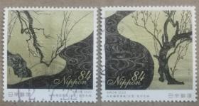 日本信销邮票2020年C2451集邮周切手趣味周2全红白梅图屏风 绘画