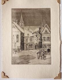 1900年蚀刻《雪后的小镇》-- 后背纸张尺寸30*22.5厘米，版画纸张尺寸17.7*12.8厘米