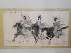 保真书画，太原名画家，王成明1996年国画《春游图》一幅，纸本镜心，尺寸82×151cm