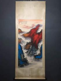 张大千款 四尺中堂画 山水画 手绘画 （旁边带题字）