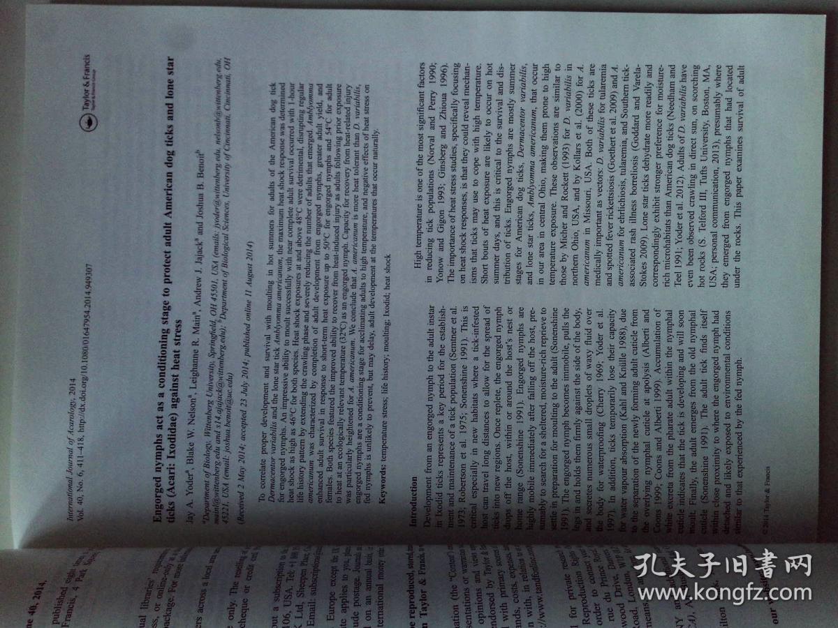 International Journal of Acarology 10/2014 国际蜱虫学学术期刊