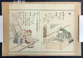 《纸》1件，日本老旧版画，木版印刷，设色，老旧之物，画面为两位日本古人在制造和纸，应是漉纸和刷纸的工程，该版画极好地反映了东亚古代造纸技术文明，古雅优美之物。